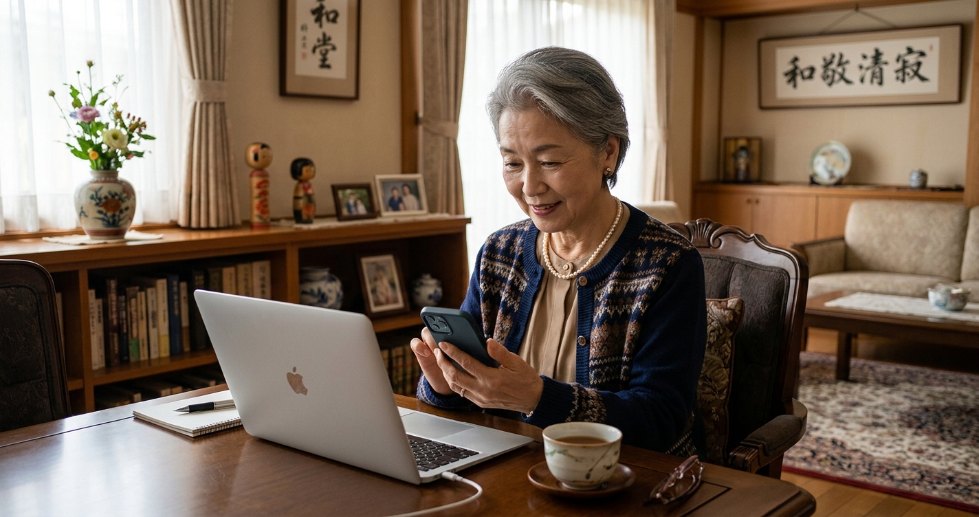 パソコンの前でスマホを触っている女性